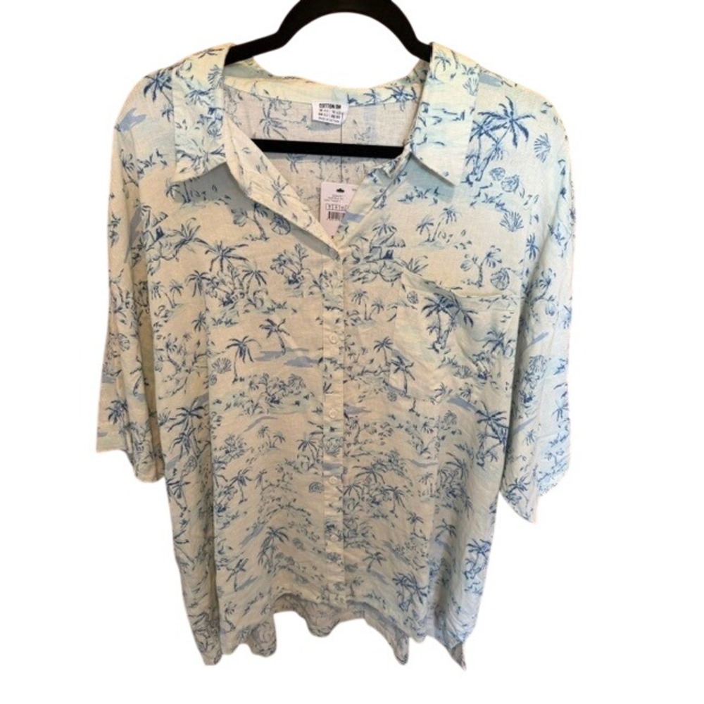Cotton On Haven Short Sleeve Shirt Tropical Toile Pacific Blue Linen Blend XL